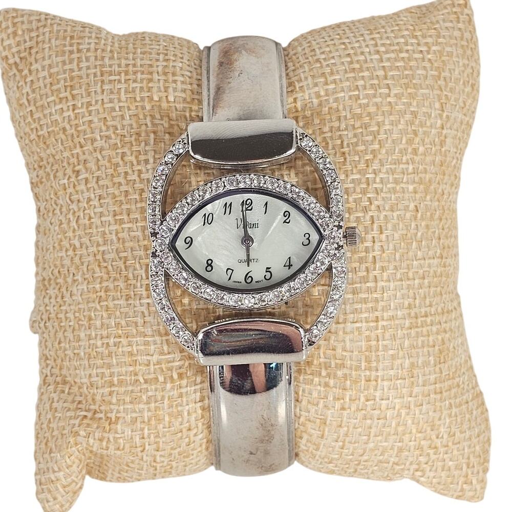 Women's Bangle Watch Silver Tone Oval Face Rhinestones 6.5" Fit Vivani Cuff